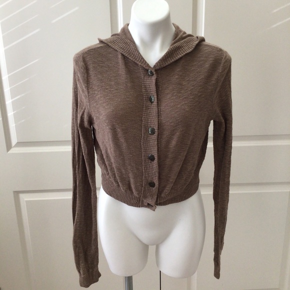 Free People Brown Cropped Cardigan Sweater w Hood - Picture 2 of 6